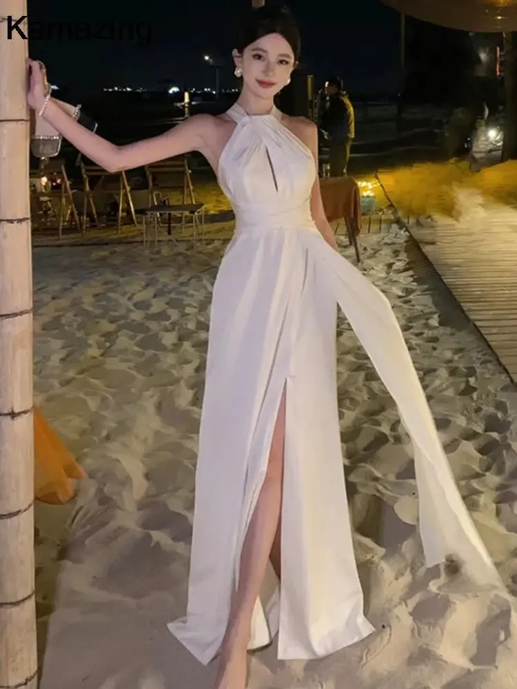 Advbridge  -  Elegant Sexy Backless Solid Long Dress Birthday Evening Party Halter Designer White Robe Summer Women Fashion Wedding Vestidos