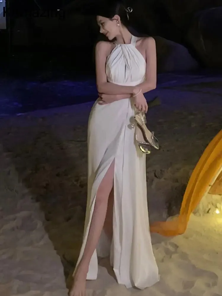 Advbridge  -  Elegant Sexy Backless Solid Long Dress Birthday Evening Party Halter Designer White Robe Summer Women Fashion Wedding Vestidos