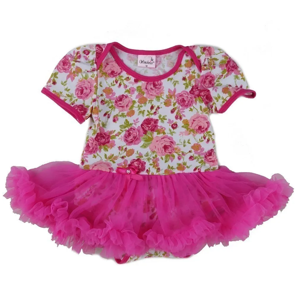 Baby Girls White Hot Pink Rose Tutu Cotton Bodysuit 9-24M