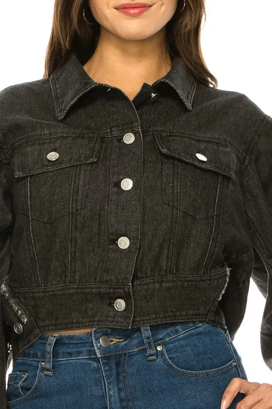 Black Denim Button Up Crop Jacket