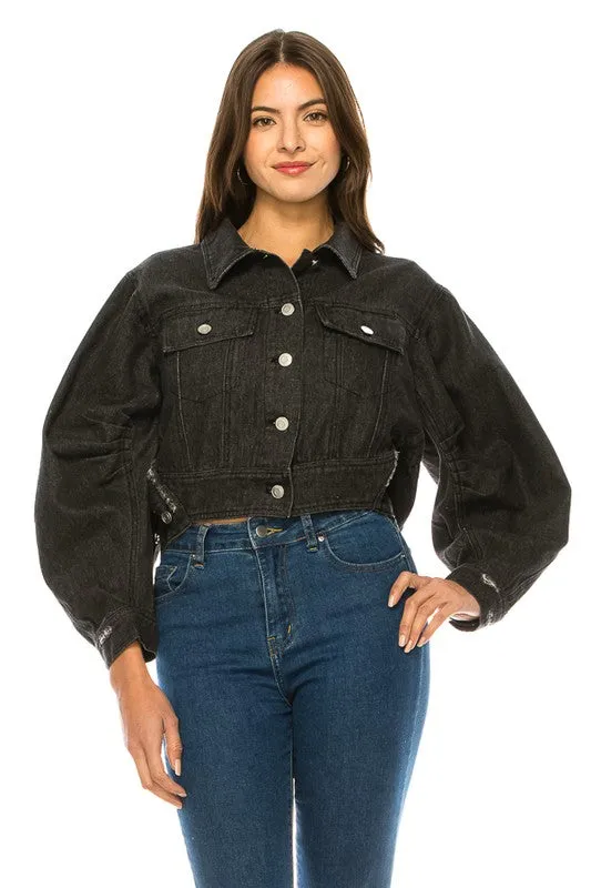 Black Denim Button Up Crop Jacket