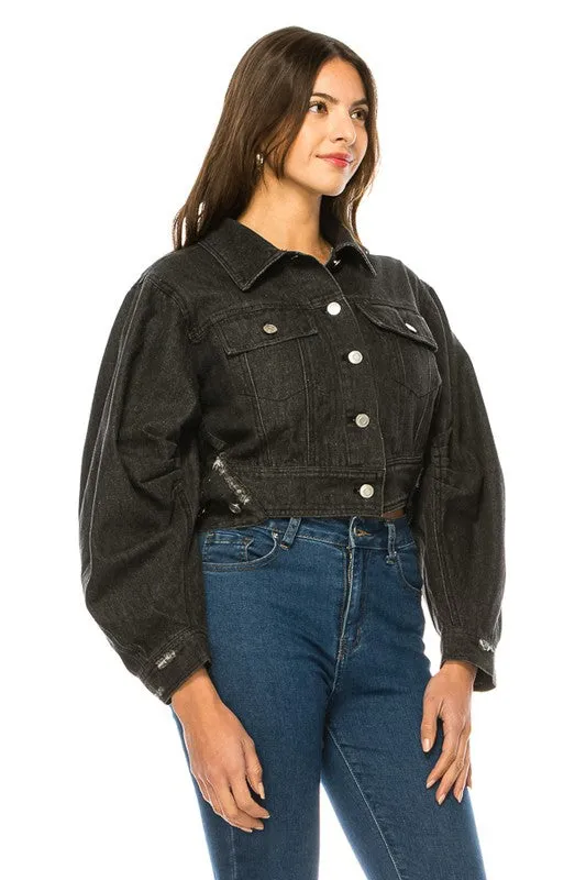 Black Denim Button Up Crop Jacket