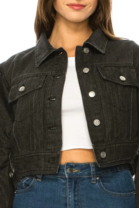 Black Denim Button Up Crop Jacket