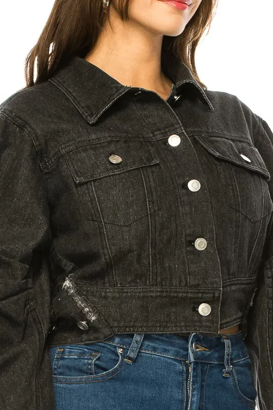 Black Denim Button Up Crop Jacket