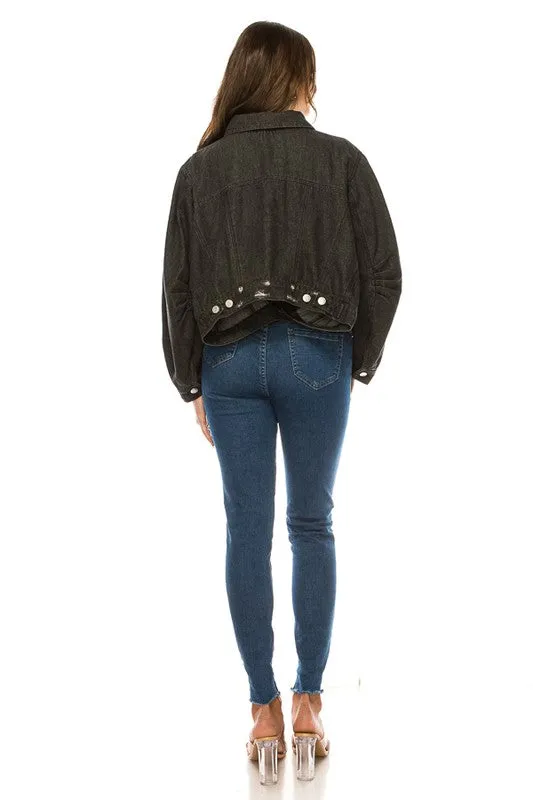 Black Denim Button Up Crop Jacket