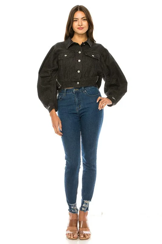 Black Denim Button Up Crop Jacket