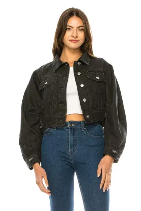 Black Denim Button Up Crop Jacket