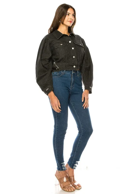 Black Denim Button Up Crop Jacket