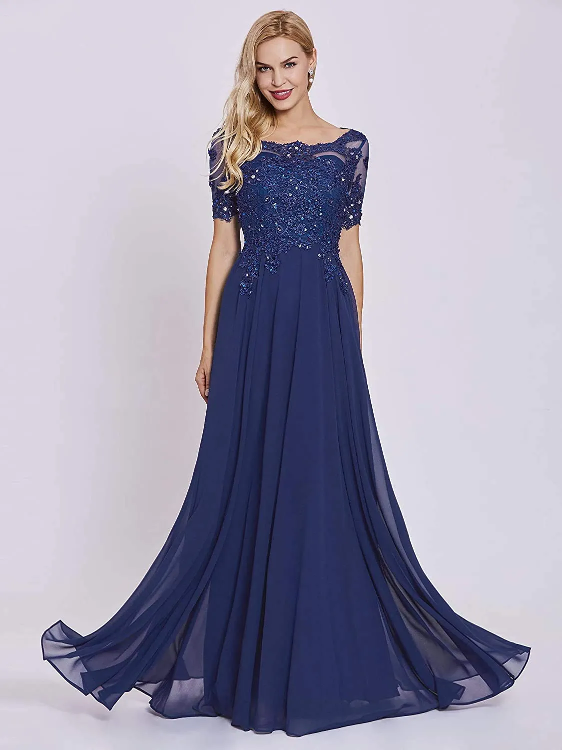 Black Women's Long Mother of The Bride Dresses with Sleeves Bateau Neck Beaded Chiffon Maxi Lace Formal Evening Gowns - Lover Kiss