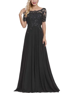 Black Women's Long Mother of The Bride Dresses with Sleeves Bateau Neck Beaded Chiffon Maxi Lace Formal Evening Gowns - Lover Kiss
