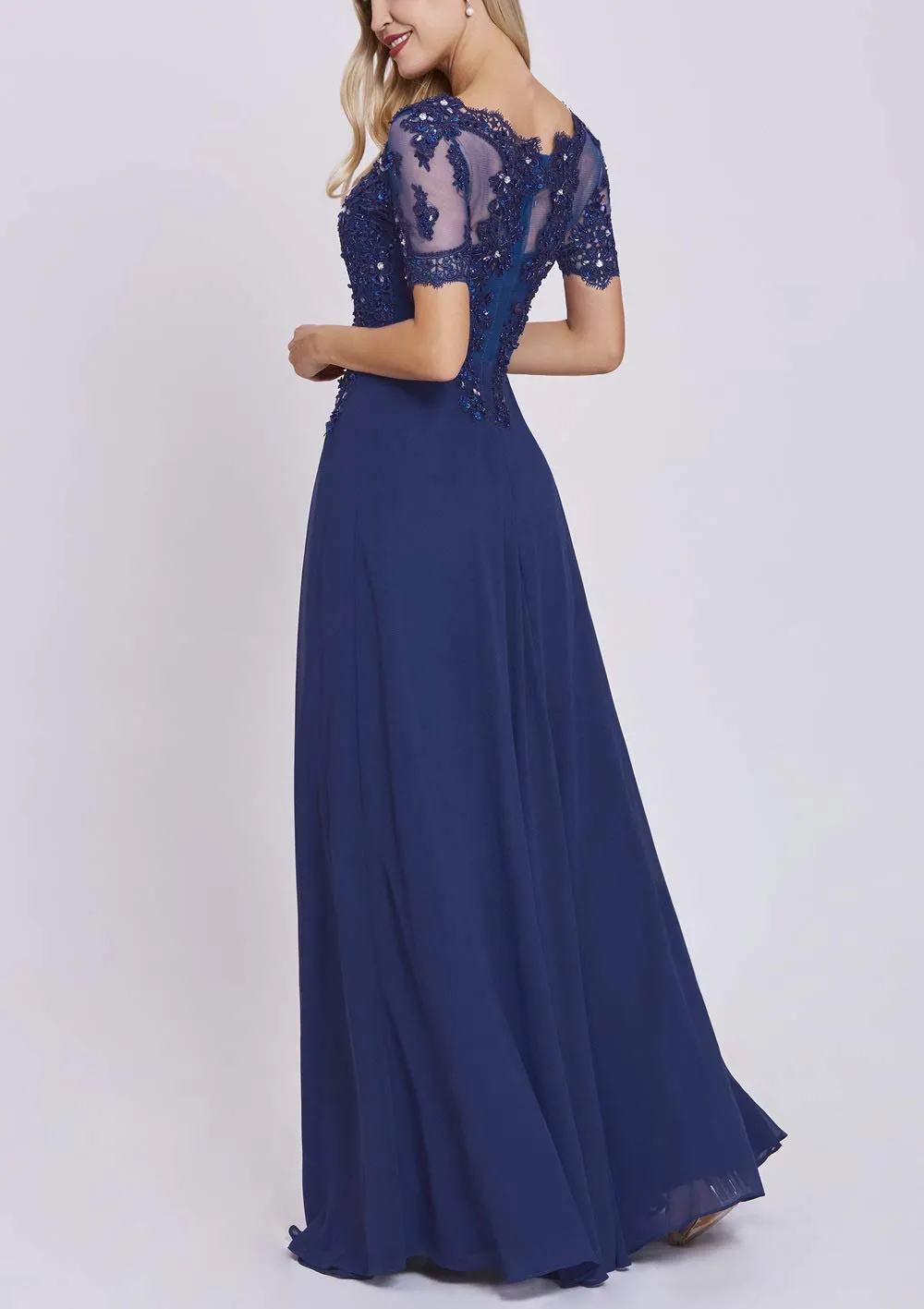 Black Women's Long Mother of The Bride Dresses with Sleeves Bateau Neck Beaded Chiffon Maxi Lace Formal Evening Gowns - Lover Kiss
