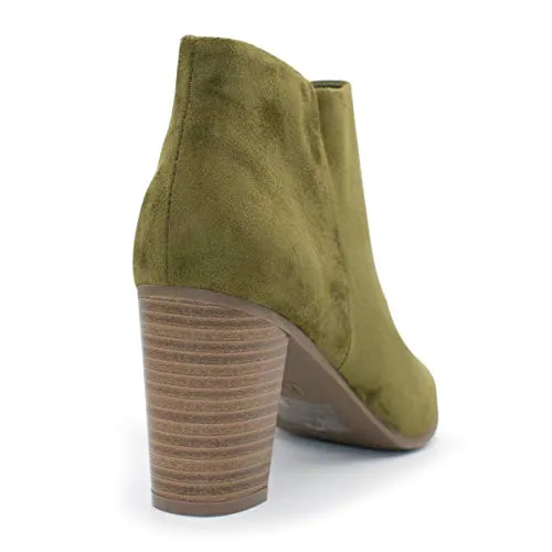 Breckelles Women Amber-31 Suede Peep Toe Chunky Heel Olive Bootie