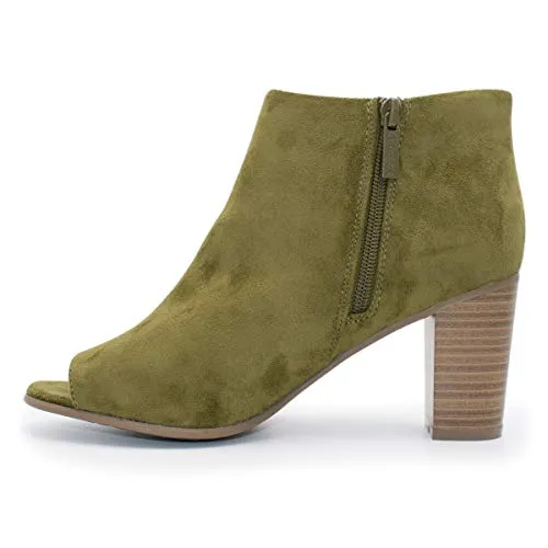 Breckelles Women Amber-31 Suede Peep Toe Chunky Heel Olive Bootie