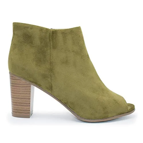 Breckelles Women Amber-31 Suede Peep Toe Chunky Heel Olive Bootie