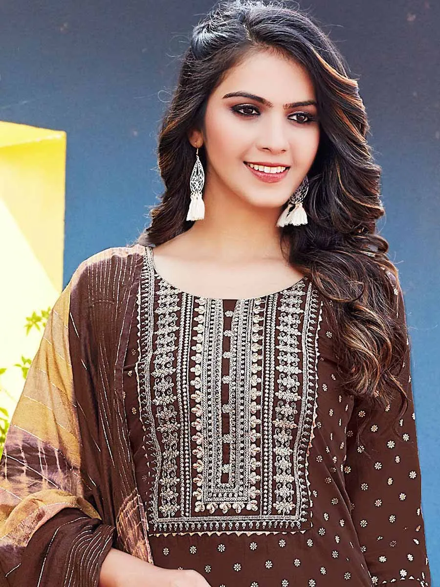 Brown Viscose Printed Stitched Suit with Dupatta