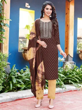 Brown Viscose Printed Stitched Suit with Dupatta
