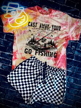 Cast away your troubles, Go fishing tie dye graphic tee // checkered shorts available separately