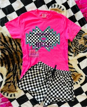 Checkered Aztec neon pink Rowdy as Hell , comfort colors graphic tee // checkered shorts available separately