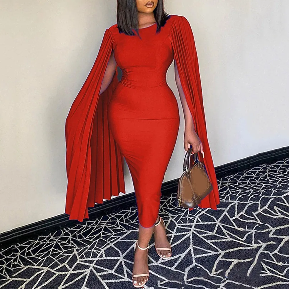 Cloak Sleeve High Waist Bodycon Solid Mid Calf