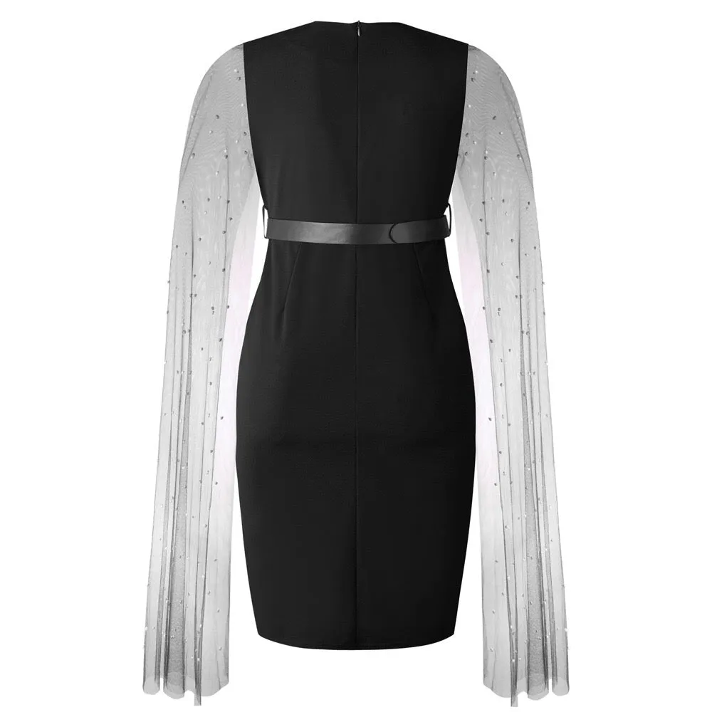 Cloak Sleeve High Waist Bodycon Solid Mid Calf
