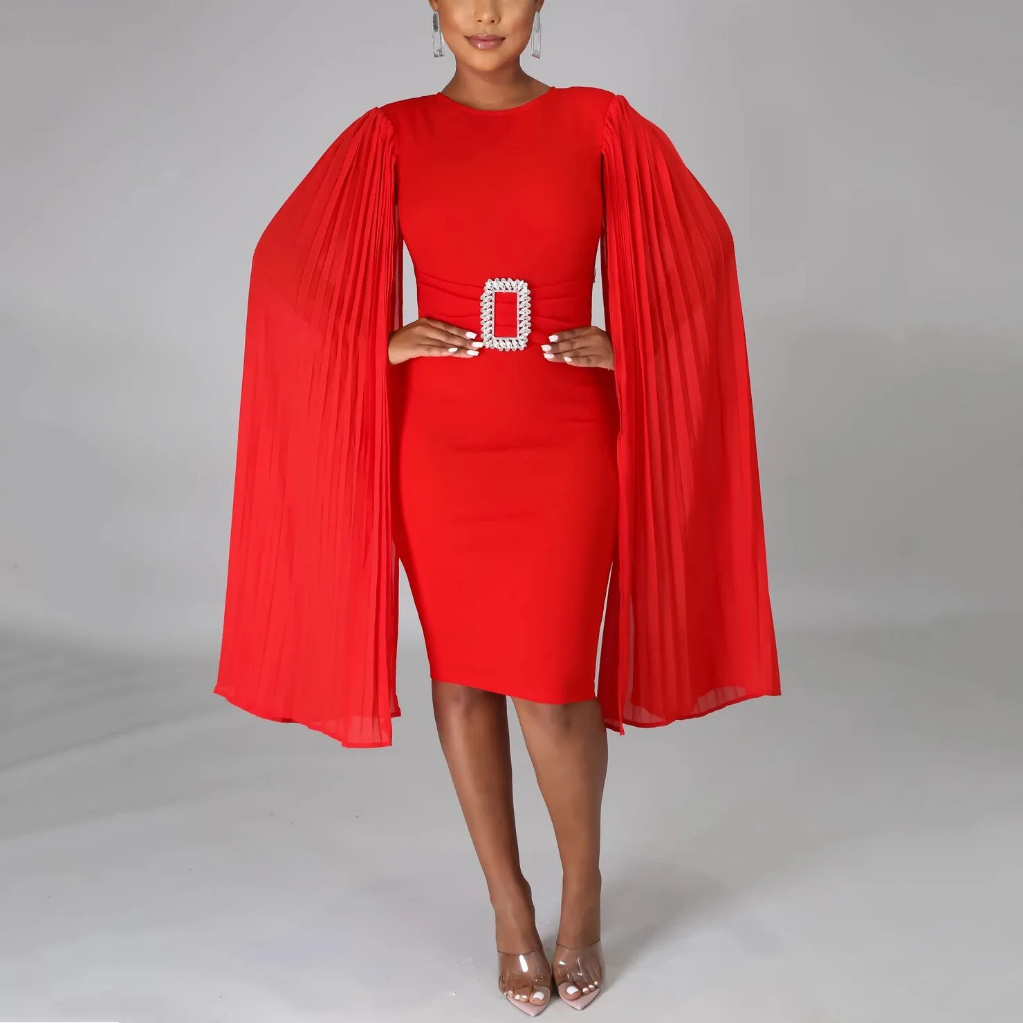 Cloak Sleeve High Waist Bodycon Solid Mid Calf