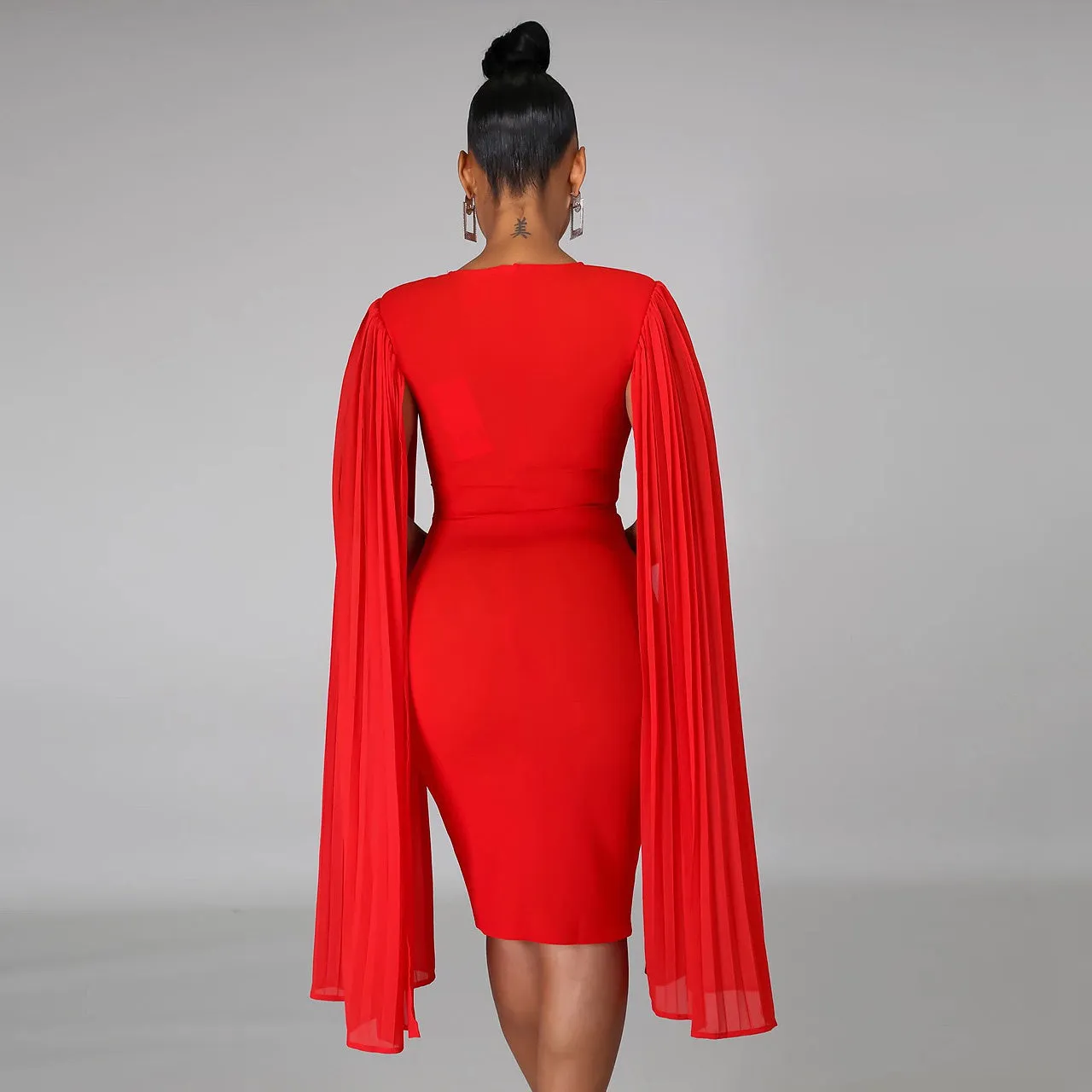 Cloak Sleeve High Waist Bodycon Solid Mid Calf