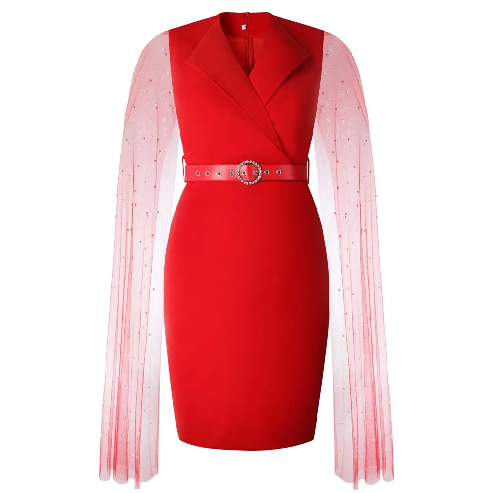 Cloak Sleeve High Waist Bodycon Solid Mid Calf