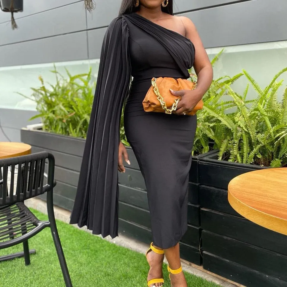 Cloak Sleeve High Waist Bodycon Solid Mid Calf