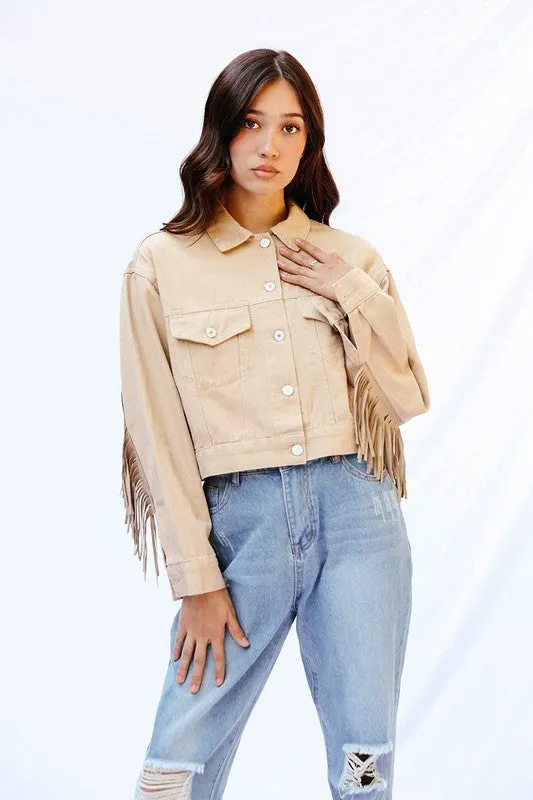 Cropped fringe denim jacket