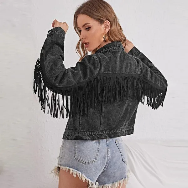 Cropped fringe denim jacket