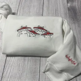 Delightful Mushroom Cats Embroidered Crewneck, Women's Embroidered Sweatshirts