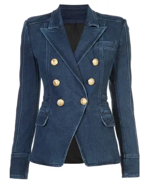 Denim Double Breasted Gold Button Blazer