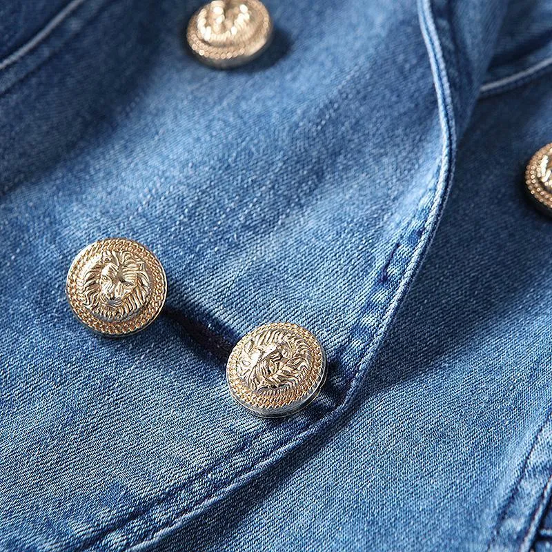 Denim Double Breasted Gold Button Blazer
