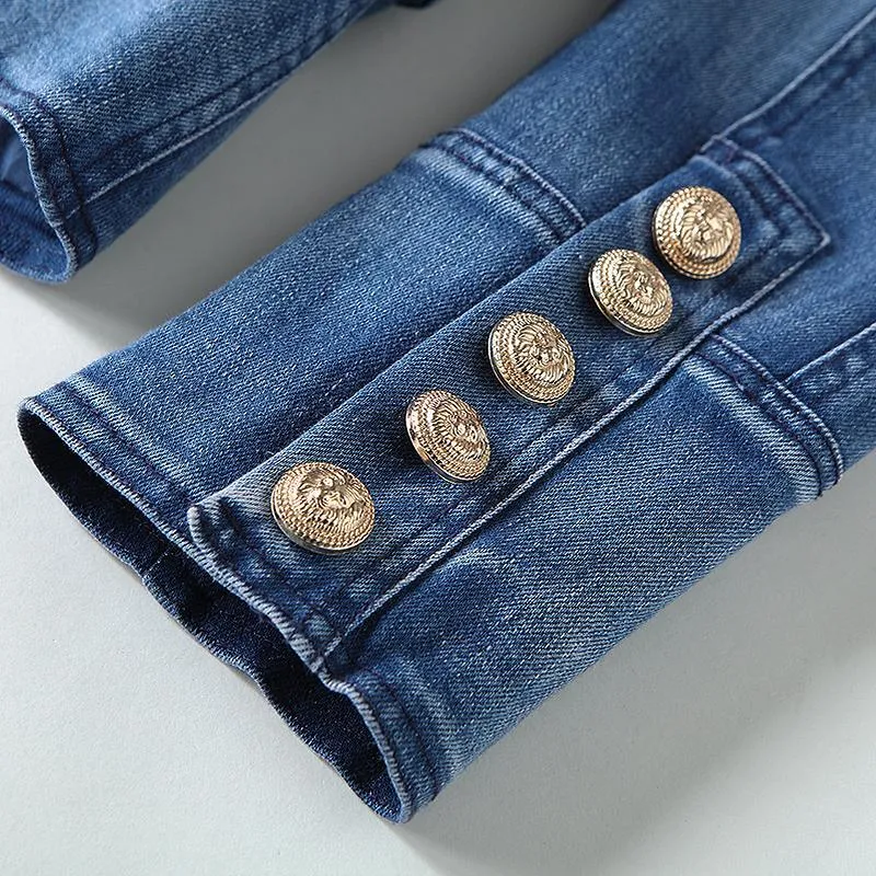 Denim Double Breasted Gold Button Blazer