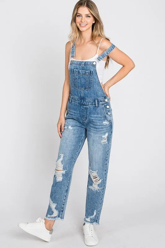 Distressed Medium Wash Overalls