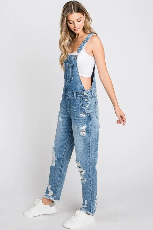 Distressed Medium Wash Overalls