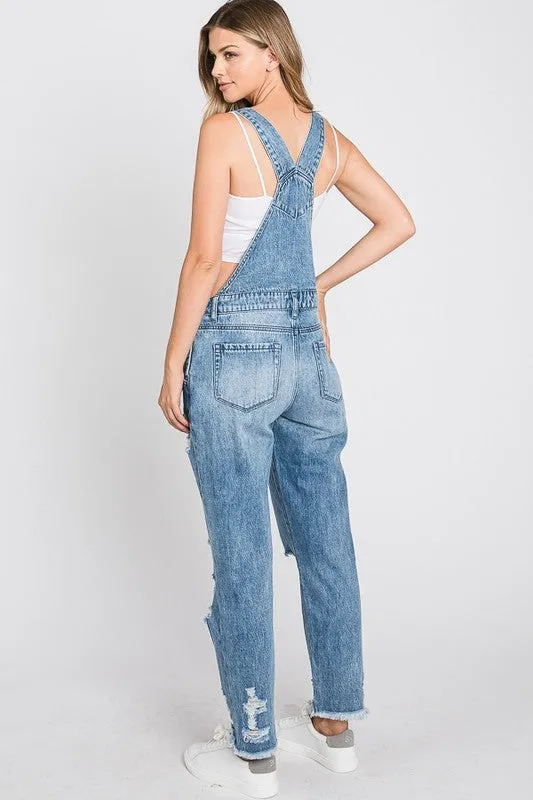 Distressed Medium Wash Overalls