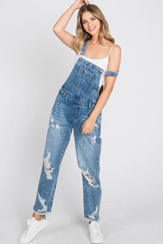 Distressed Medium Wash Overalls