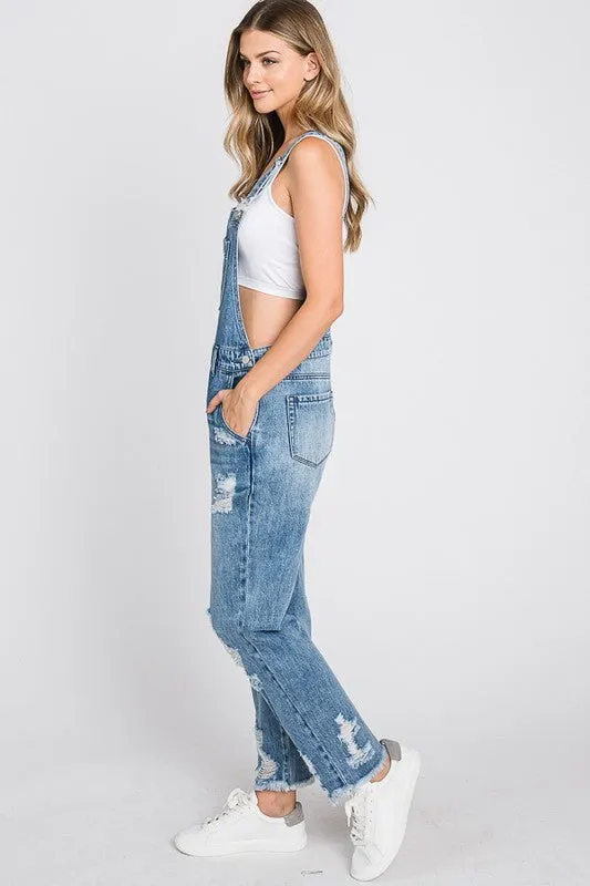Distressed Medium Wash Overalls