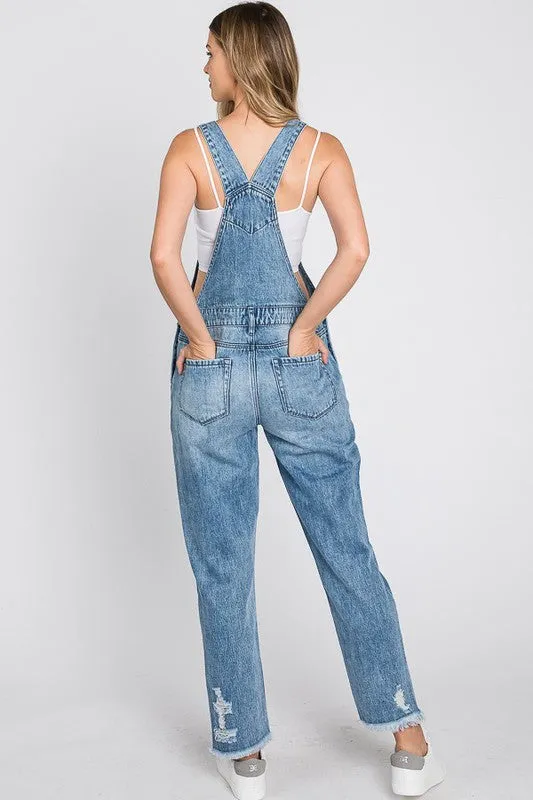 Distressed Medium Wash Overalls