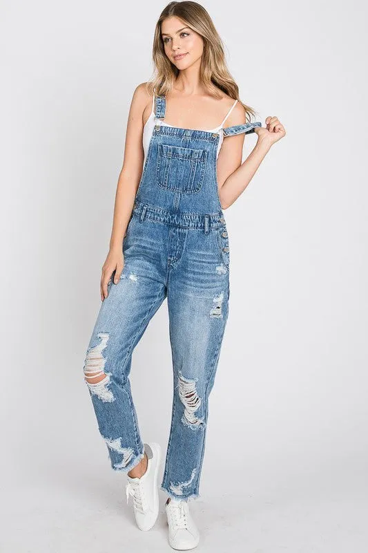 Distressed Medium Wash Overalls