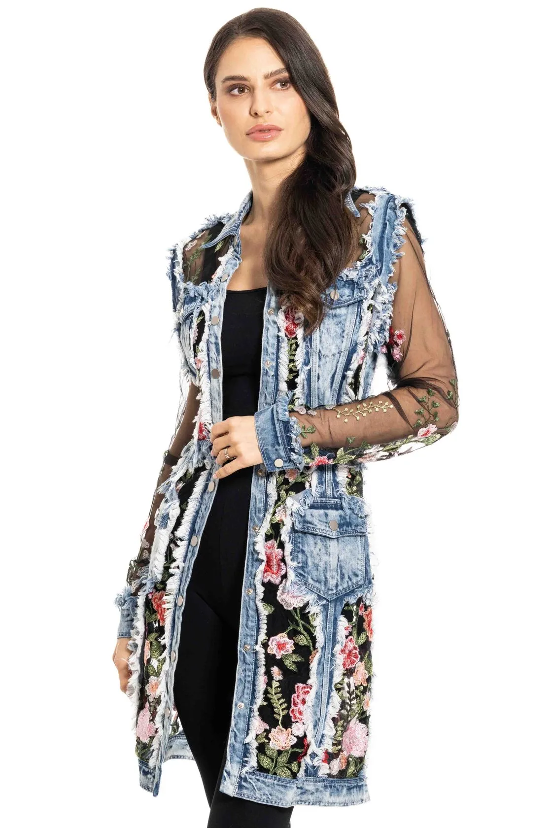 Embroidered Edge Denim 3/4 Duster