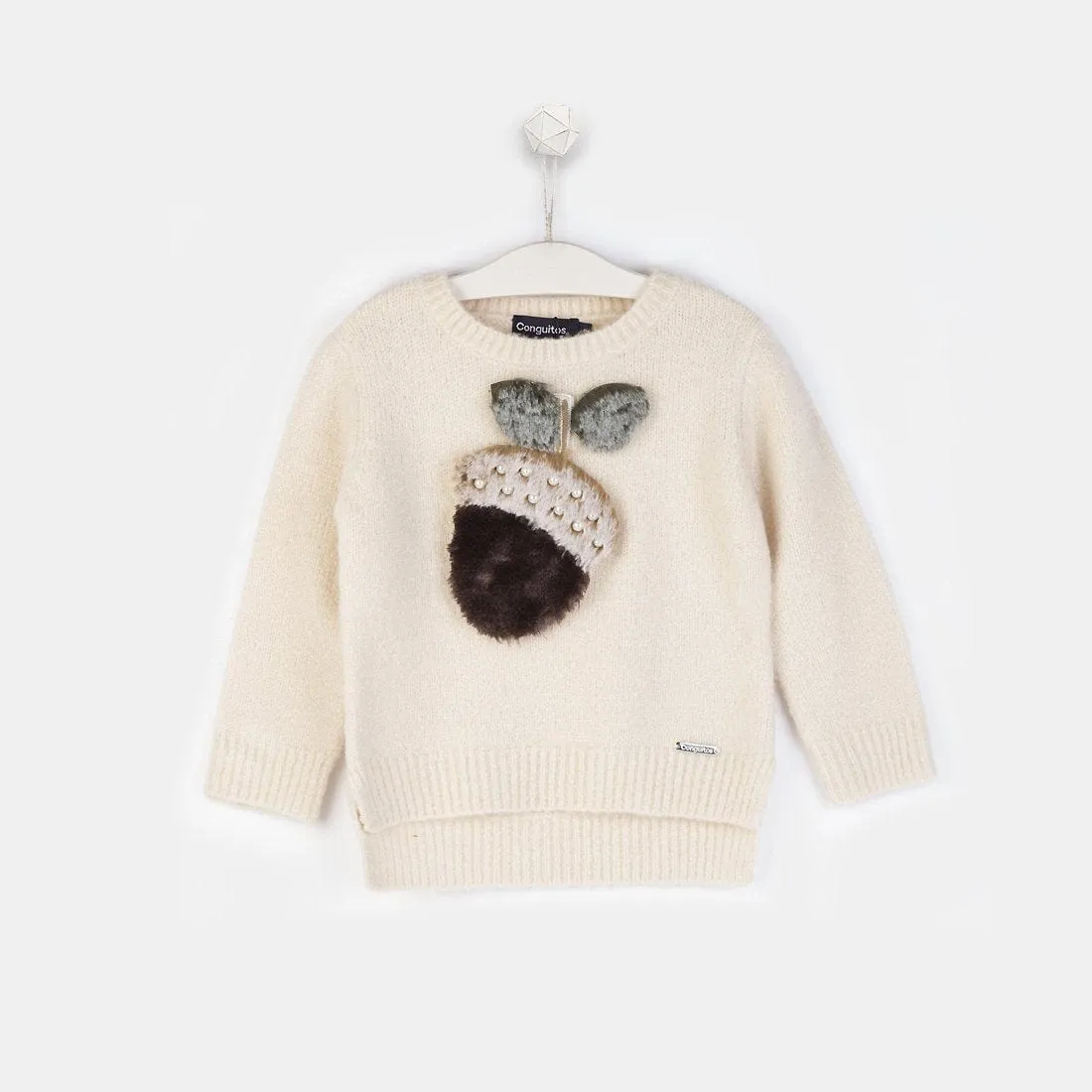 Girls "Acorn" Ecru Faux Fur Sweater