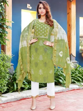 Green Viscose Printed Stitched Readymade Suit with Dupatta