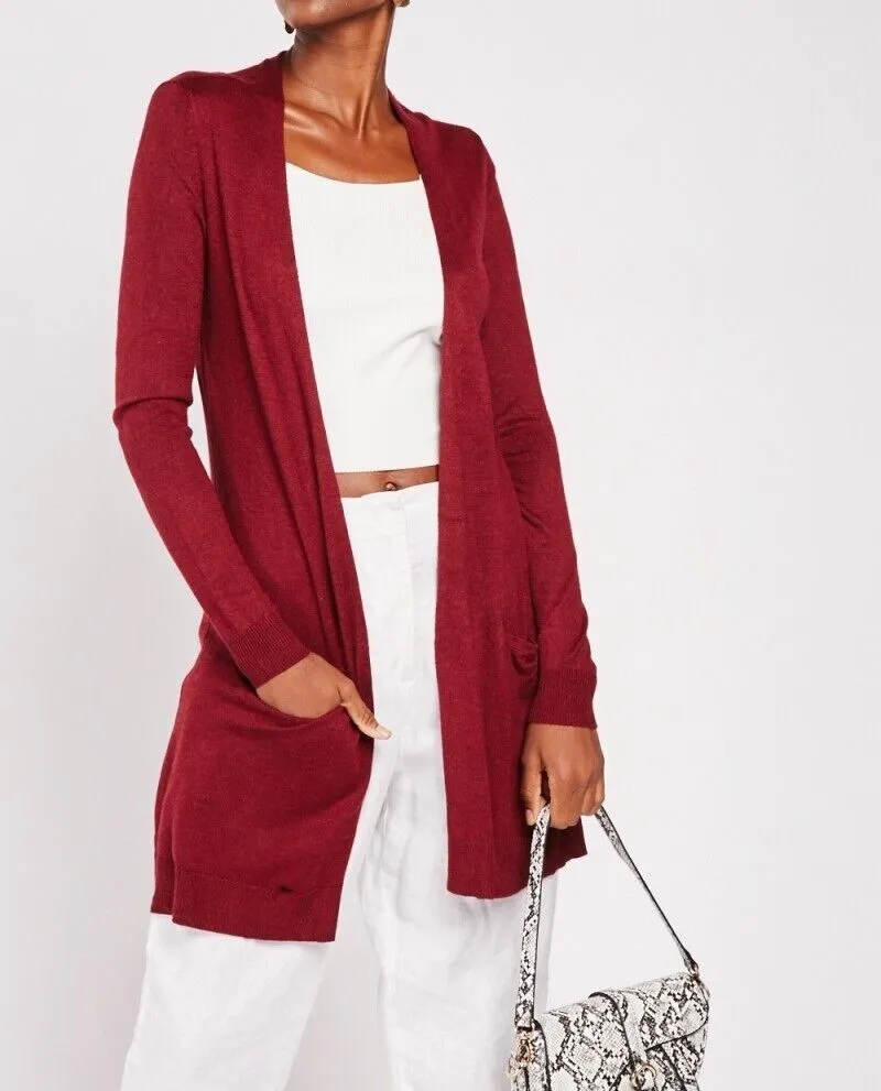 Ladies Wine Long Line Open Front Soft Knit Shawl Collar Pocket Cardigan