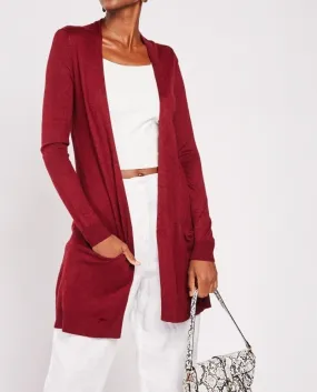 Ladies Wine Long Line Open Front Soft Knit Shawl Collar Pocket Cardigan