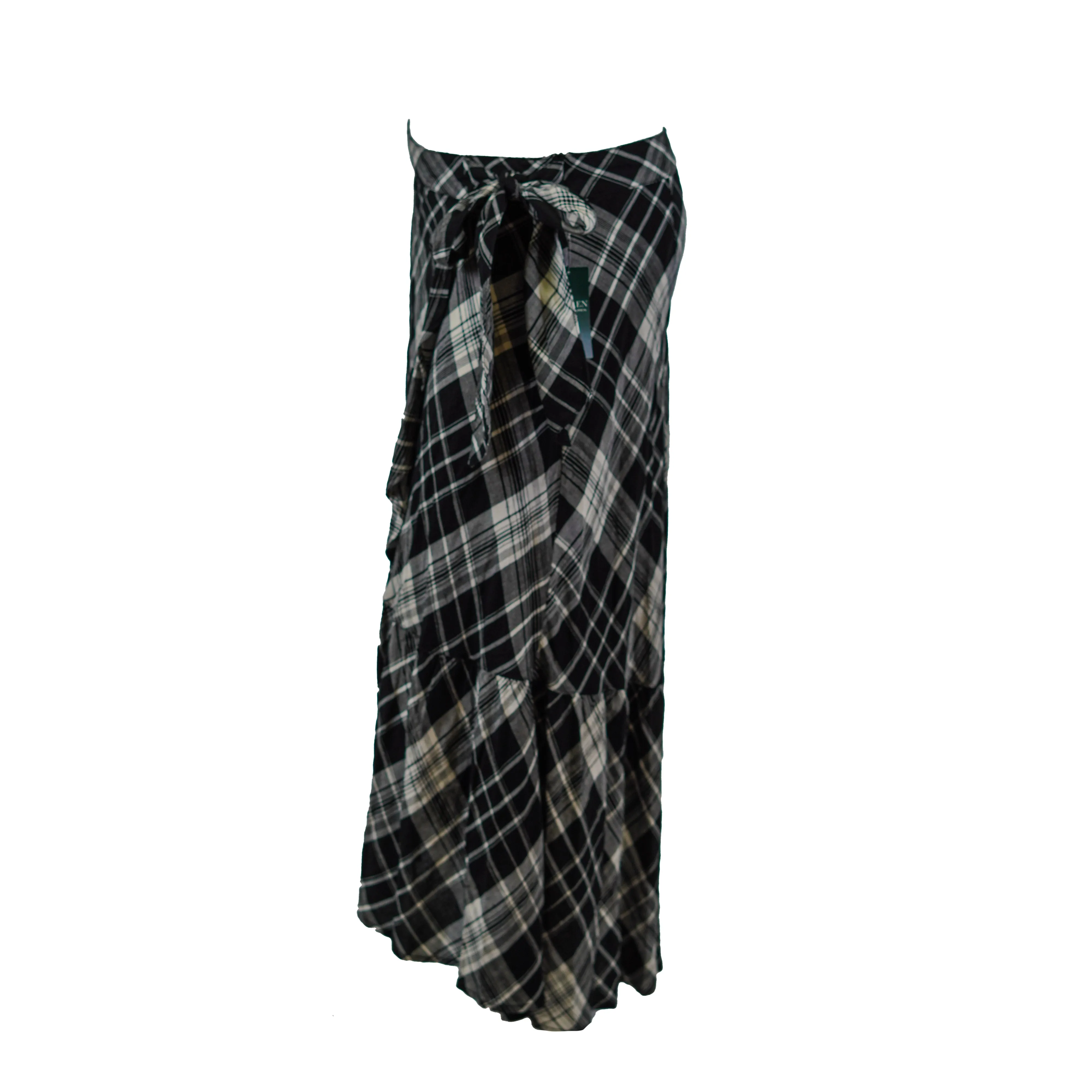Lauren Ralph Lauren Women's Plaid Faux Wrap Maxi Skirt Black White Size 12