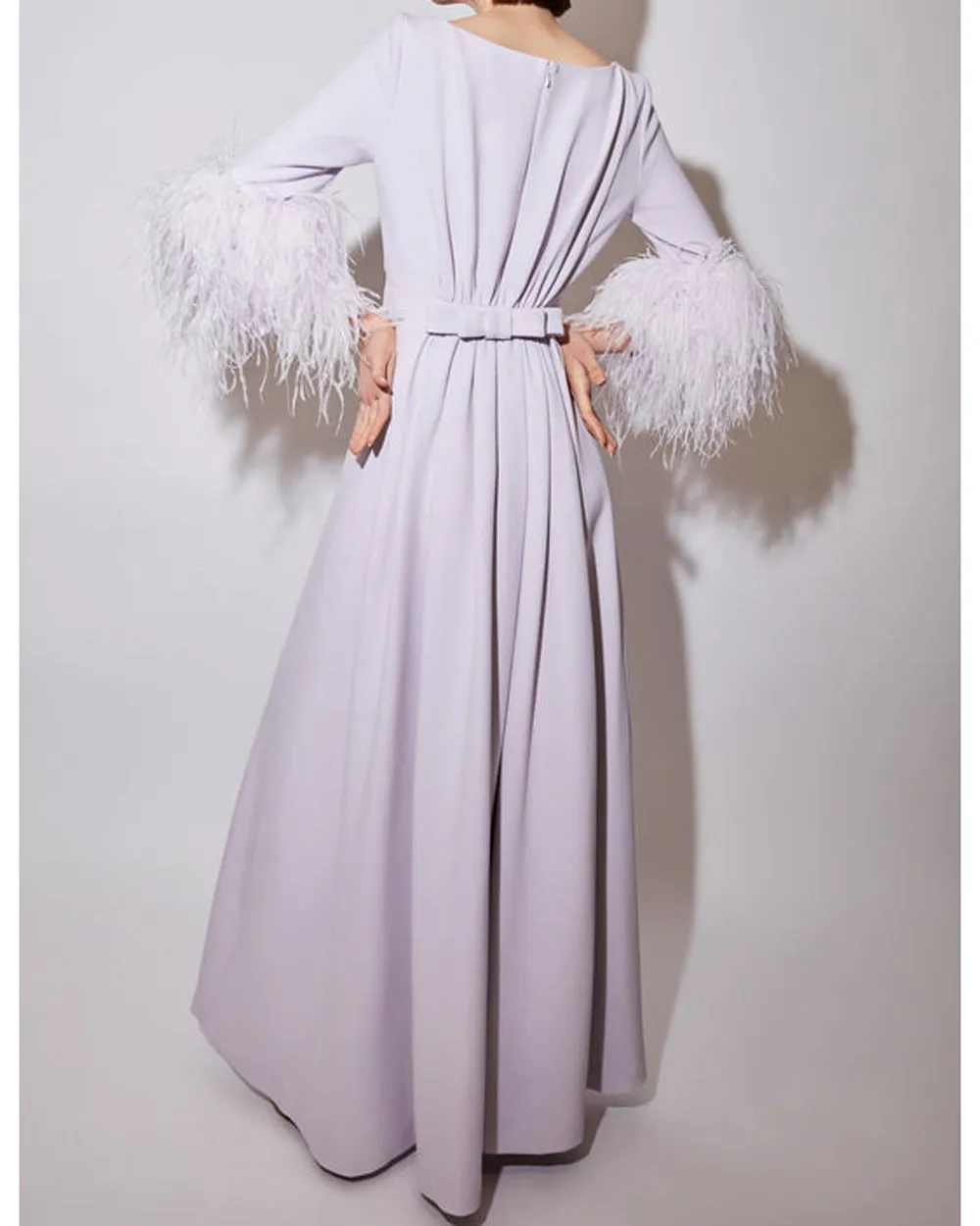 Lilac Fog Feather Embellished Bateau Gown