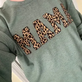 Mama Embroidered Leopard Print Applique on Heather Green Sweatshirt | Simple Mama Pullover, Gift for Mom, Personalized Cheetah Mama Shirt