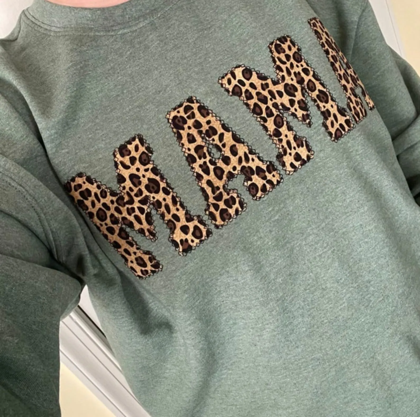 Mama Embroidered Leopard Print Applique on Heather Green Sweatshirt | Simple Mama Pullover, Gift for Mom, Personalized Cheetah Mama Shirt